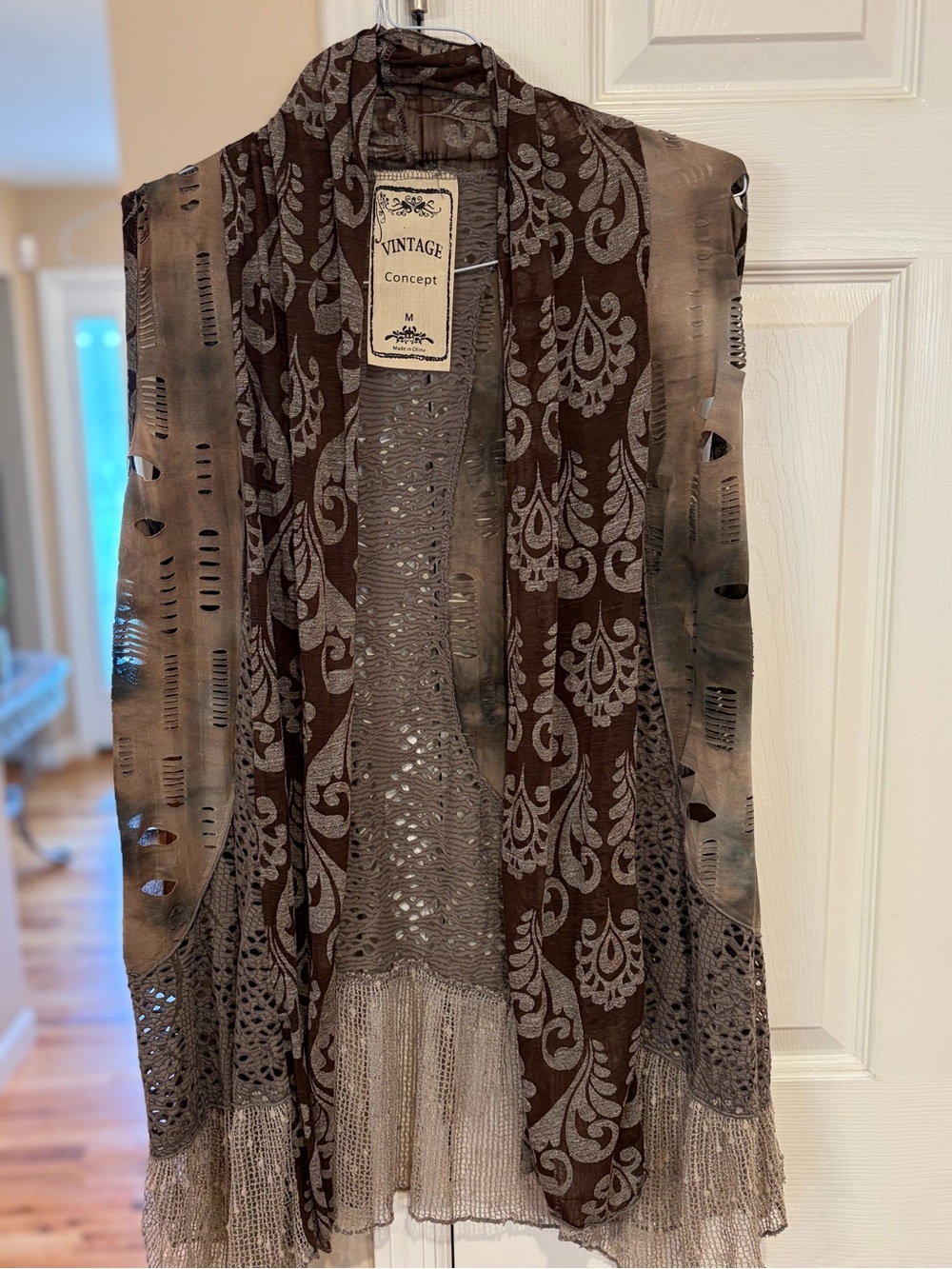 Vintage Brown & Gray Patterned Fringe Open Drape Vest